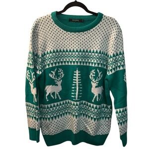 YEXIPO Green White Reindeer Christmas Sweater Mens Large Fair‎ Isle Holiday Knit